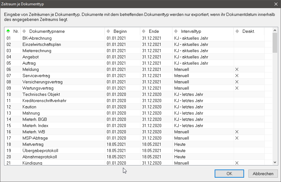 Dialog Zeitraum je Dokumenttyp 