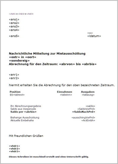 Mustertext Mietausschüttung im Rahmen der SEV-Abrechnung