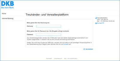 Anmeldedaten zum Portal der DKB (Kennung/Passwort