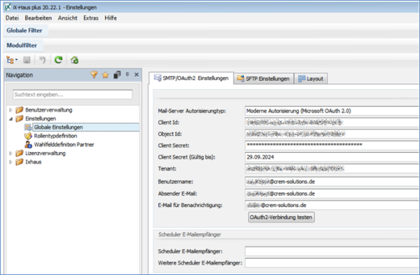 Register SMTP/OAutch2 Einstellungen