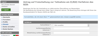 Bild 1: Antrag auf Freischaltung zur Teilnahme am ELMA5-Verfahren des BZSt